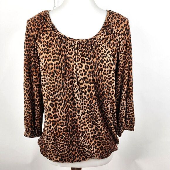 MK Michael Kors Animal Leopard Cheetah Print 3/4 Knit Jersey Top Womens M - Picture 1 of 6